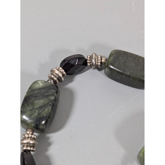 Polished Green Stone Bead Black Faceted Glass Bracelet Chunky Boho Statement 7" - Picture 4 of 7